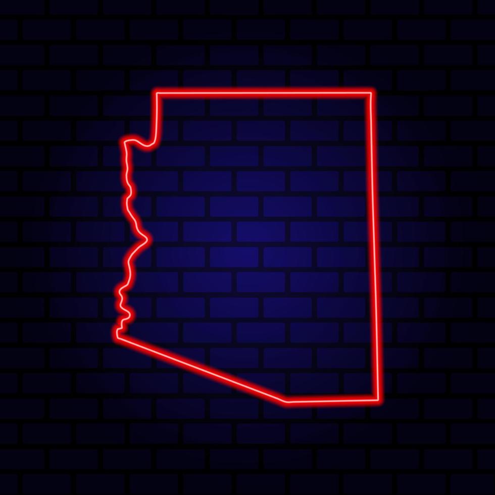 Neon map State of Arizona on brick wall background. vector