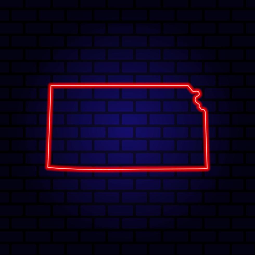 Neon map State of Kansas on brick wall background. vector