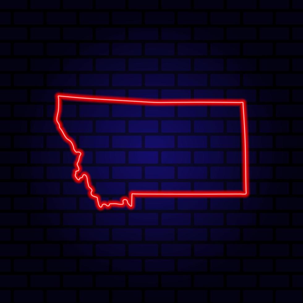 Neon map State of Montana on brick wall background. vector