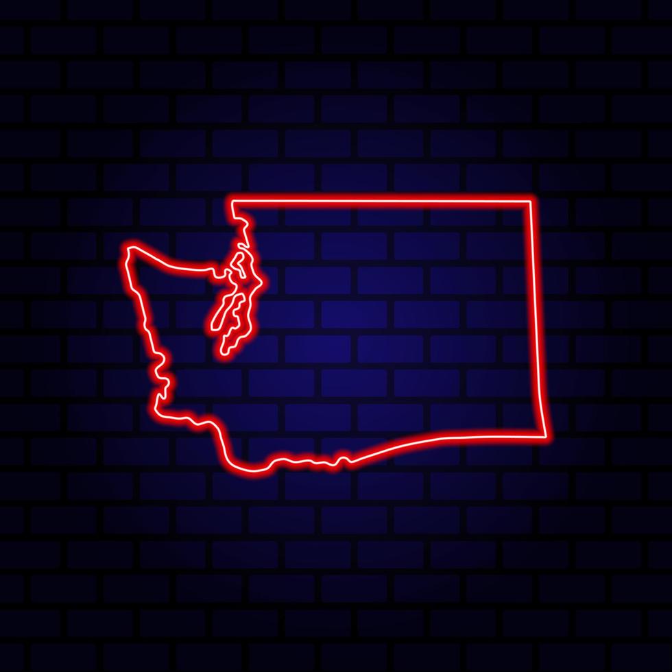 Neon map State of Washington on brick wall background. vector