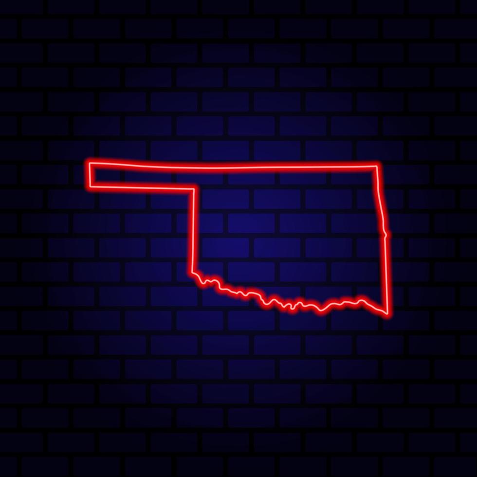 Neon map State of Oklahoma on brick wall background. vector