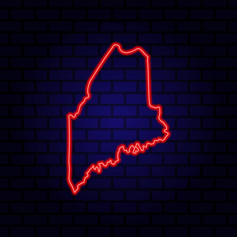 Neon map State of Maine on brick wall background. vector
