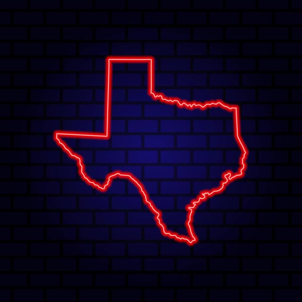 mapa de neón estado de texas sobre fondo de pared de ladrillo. vector