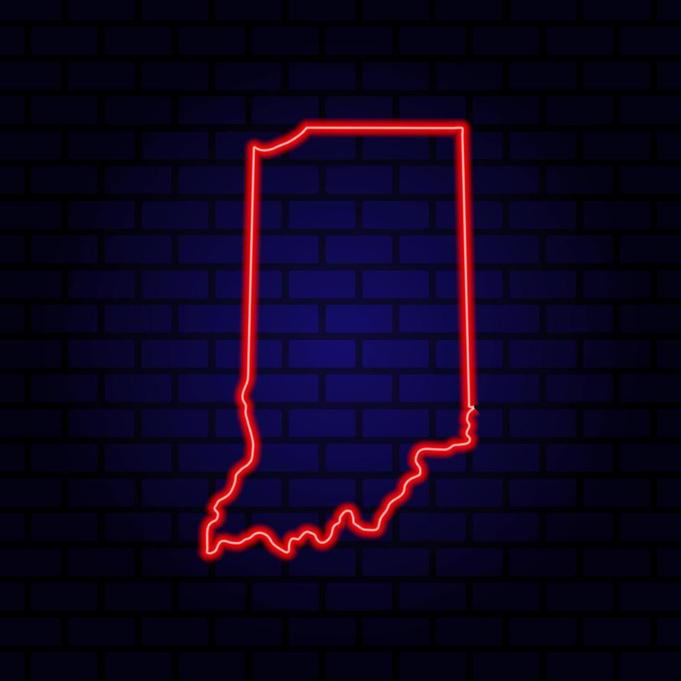 Neon map State of Indiana on brick wall background. vector