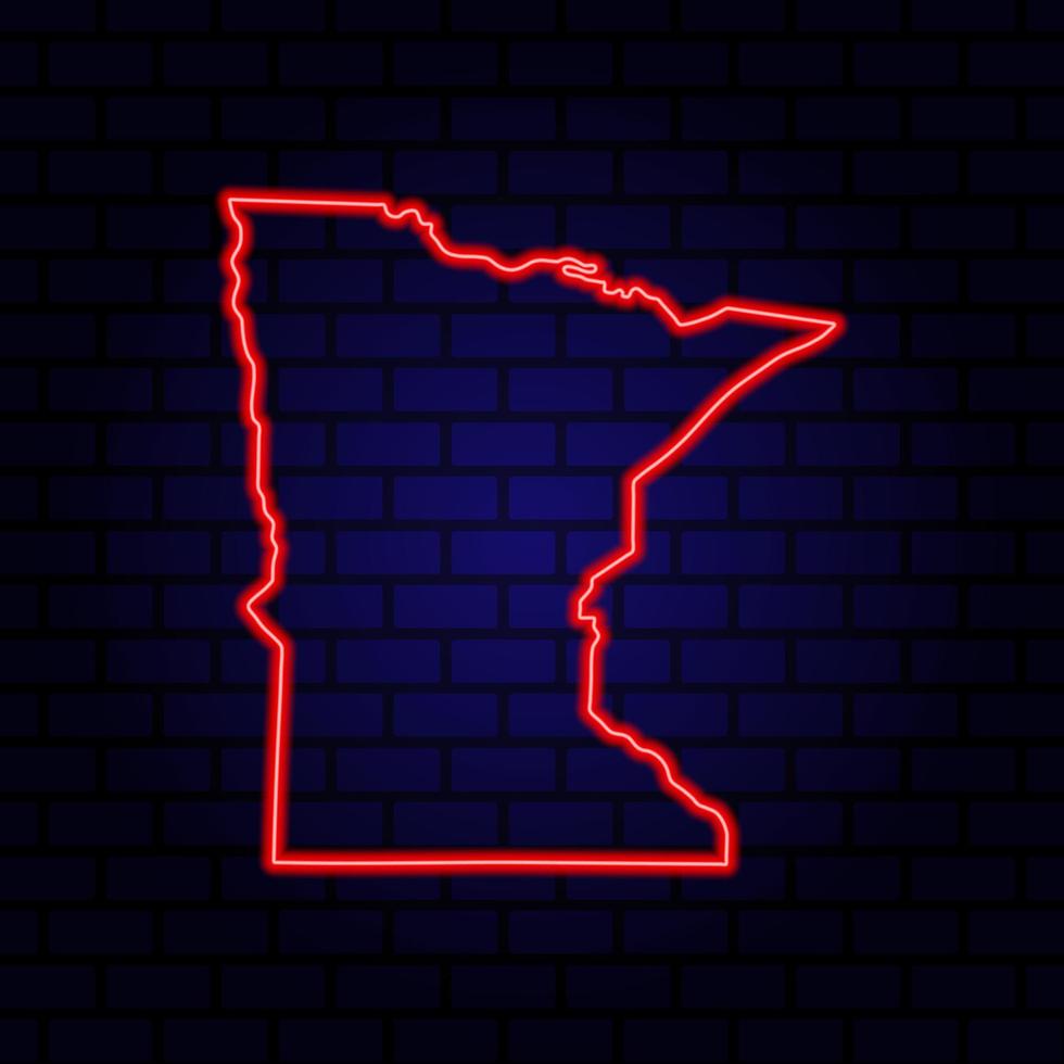 Neon map State of Minnesota on brick wall background. vector