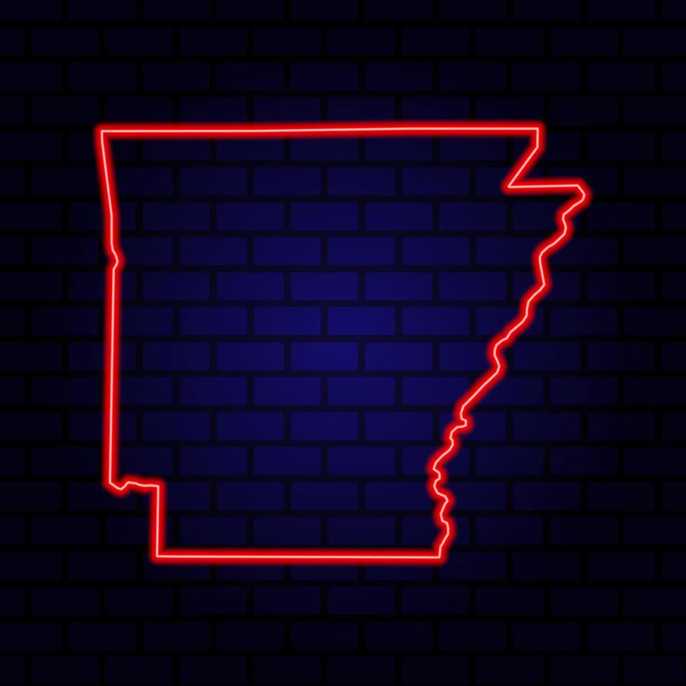 Neon map State of Arkansas on brick wall background. vector