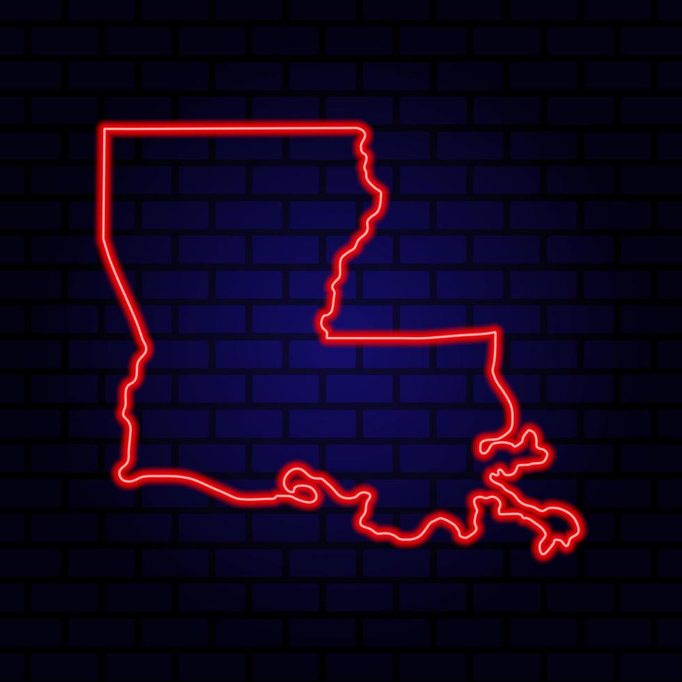 Neon map State of Louisiana on brick wall background. vector