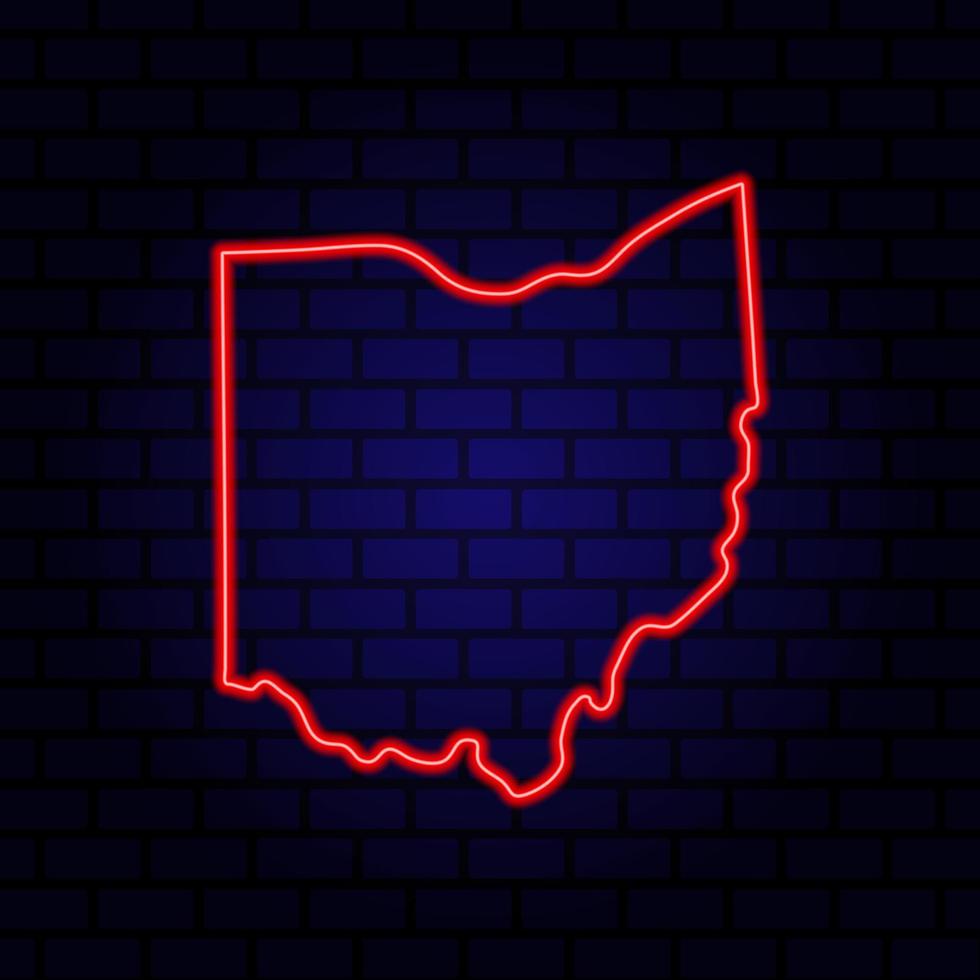 Neon map State of Ohio on brick wall background. vector