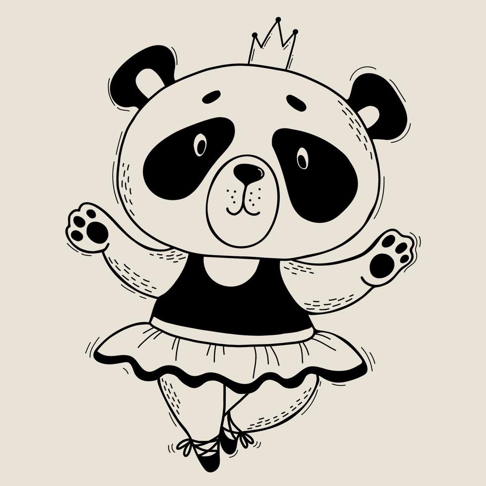 Cute panda character. girl ballerina in dress on pointe shoes with crown. Vector illustration. Character Cute animal in linear style hand drawing for kids collection and cards, design, decor and print
