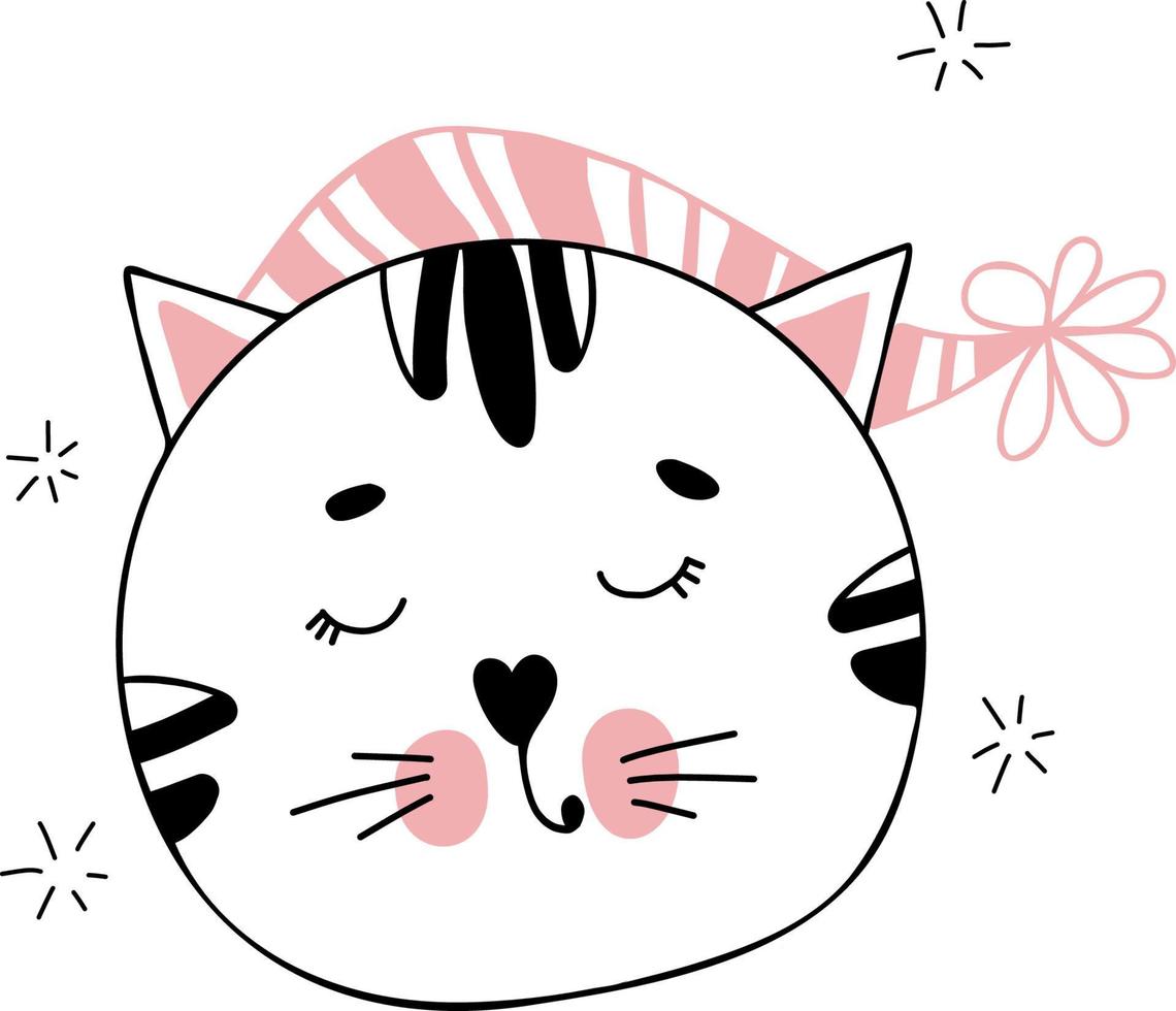 Sleeping cat in  nightcap. Vector illustration. Cat character Hand drawn linear doodle for design and decor