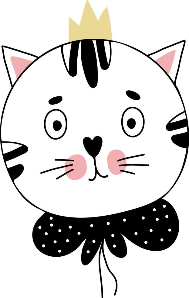 Cute cat princess with crown. Vector illustration. Cat character Hand drawn linear doodle for design and decor