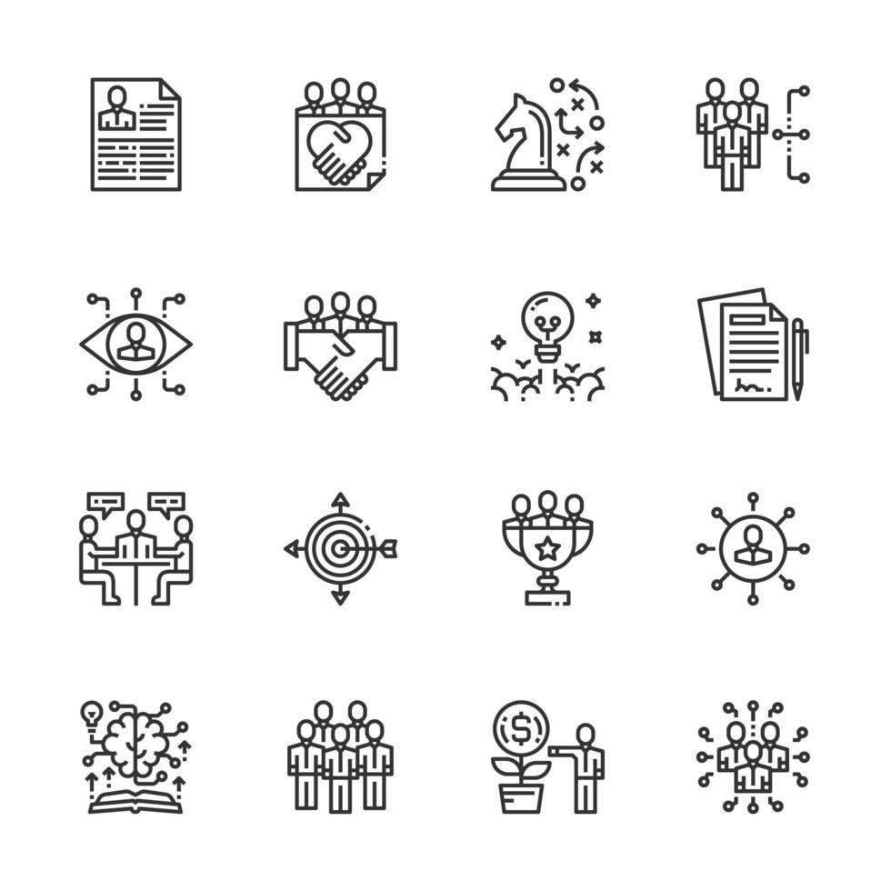 conjunto simple de iconos de línea de trabajo en equipo ilustración vectorial, grupo de personas, apretón de manos, gestión, reunión vector