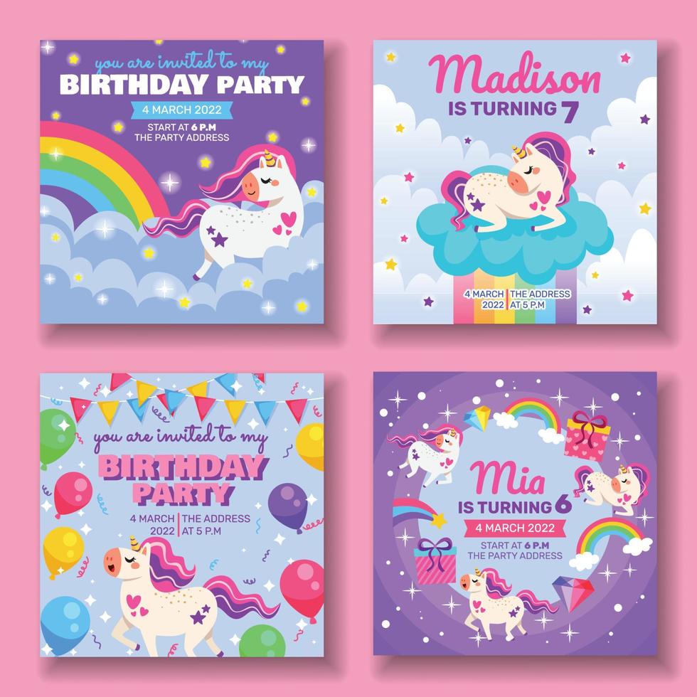 Unicorn Birthday Party Social Media Post Collection vector