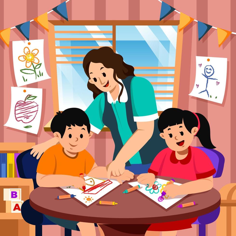 Kindergarten Teacher Teach Children How to Draw vector