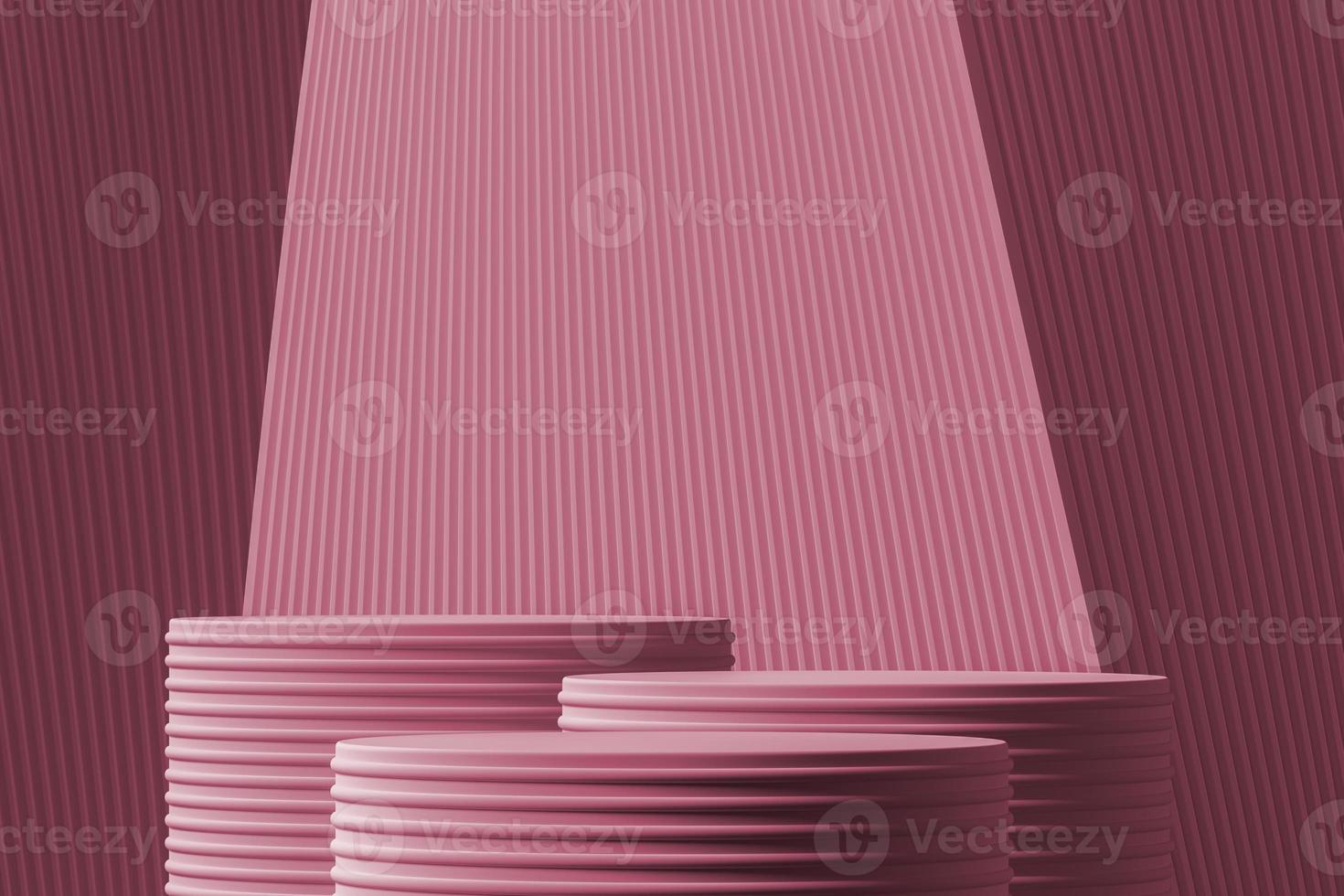 Three podium on abstract gradient and wave lines pacific pink background. for product presentation. 3d rendering photo