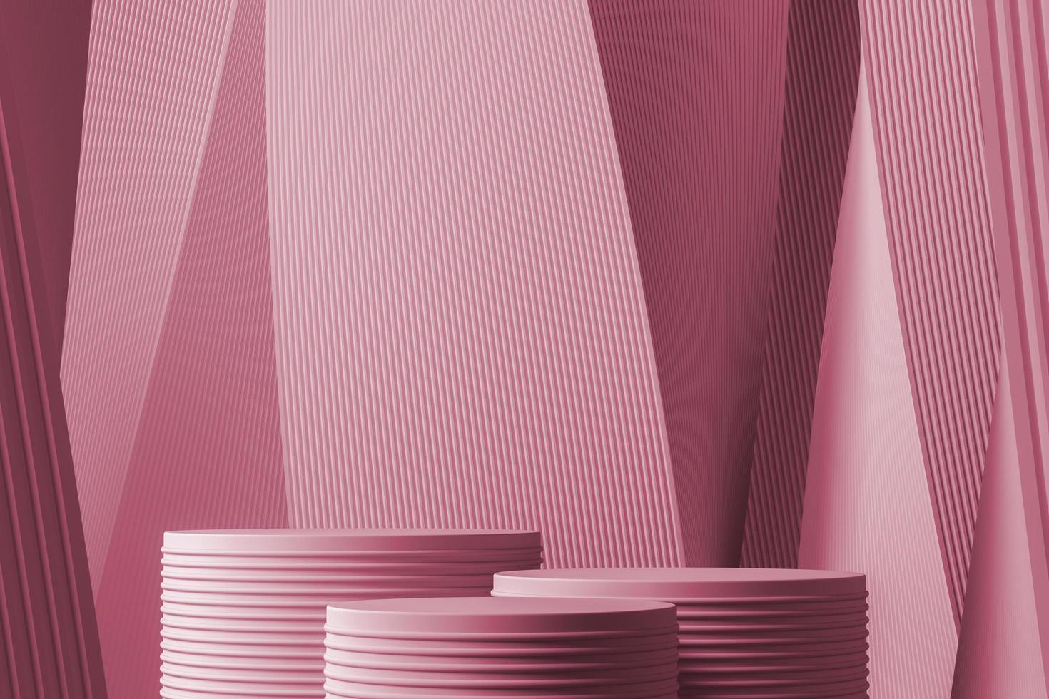 Three podium on abstract gradient and wave lines pacific pink background. for product presentation. 3d rendering photo