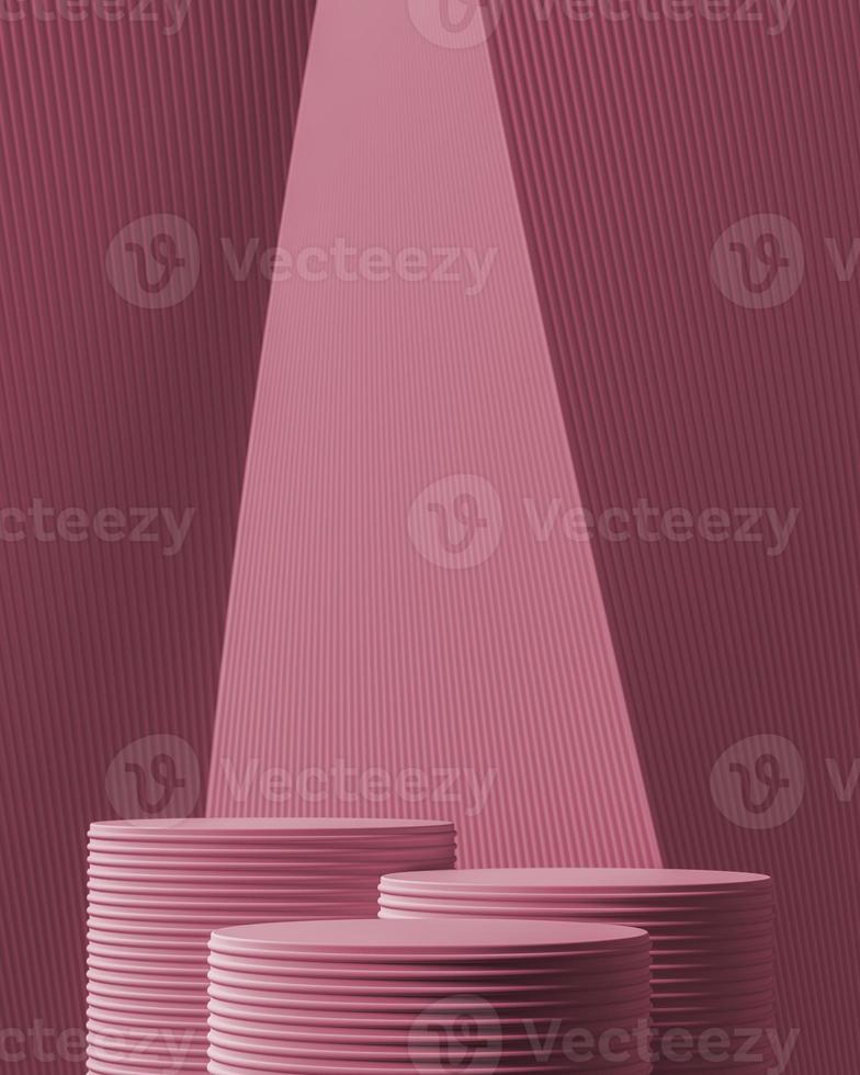Two podium on abstract gradient and wave lines pacific pink background. for product presentation. 3d rendering photo