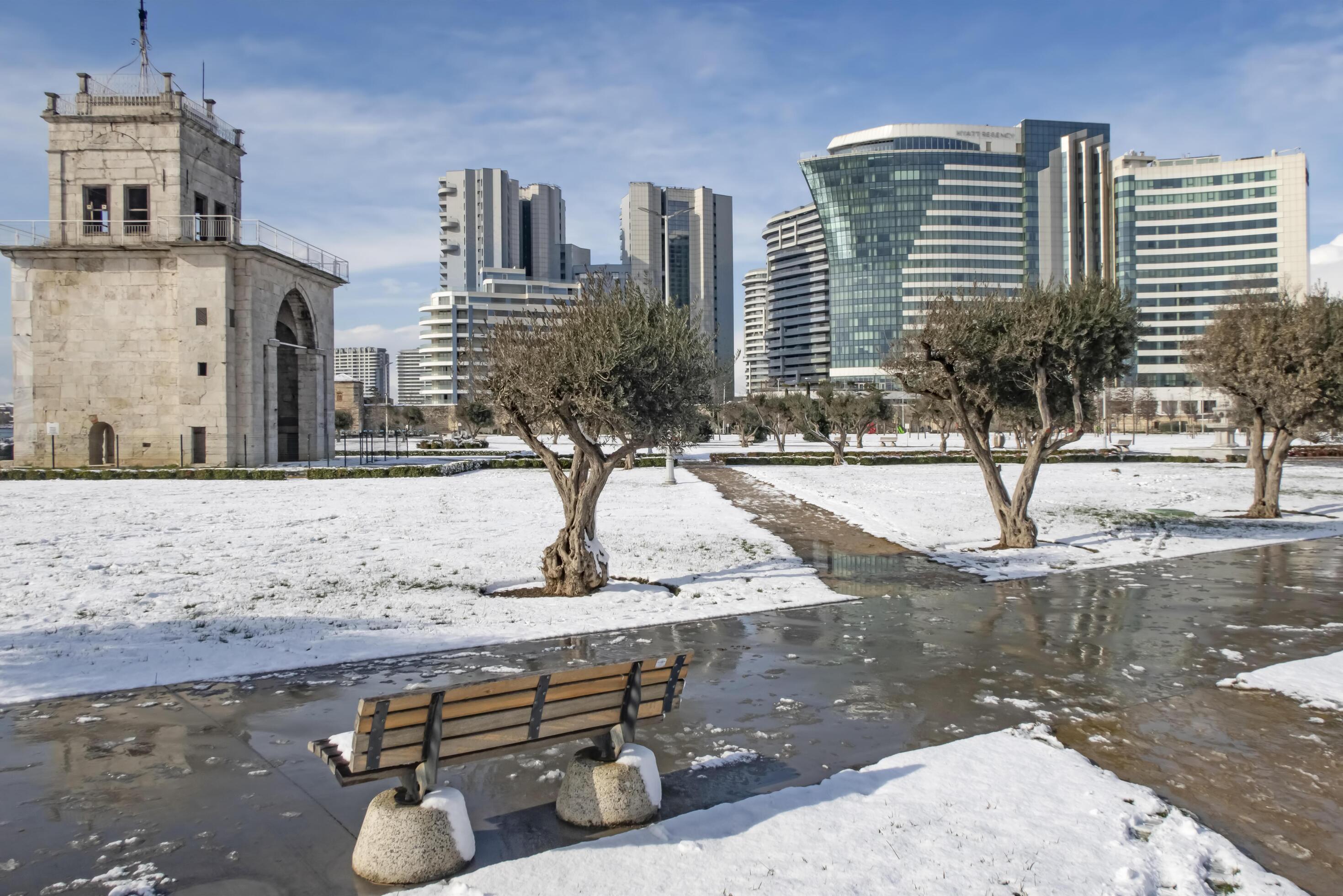 Atakoy,istanbul,TurkeyJanuary 23,2021.Winter and snow view from Atakoy Baruthane public park in