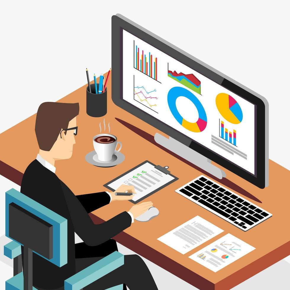 Business person working on computer. Business analyst, business growth concept. Modern isometric illustration for Web Banner , Website Element , Brochures , or Book cover vector