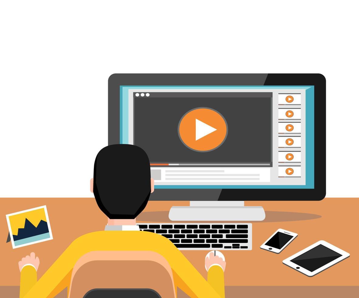 Watching video on computer. Streaming online video. Play button watch media load concept. Video tutorial. Modern flat design for Web Banner , Website Element , Brochures, or Book cover vector