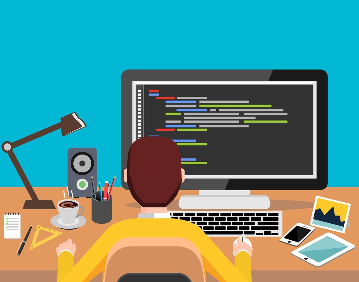 persona que trabaja en la computadora. concepto de programación o codificación. diseño plano moderno para banner web, elemento de sitio web, folletos o portada de libro vector