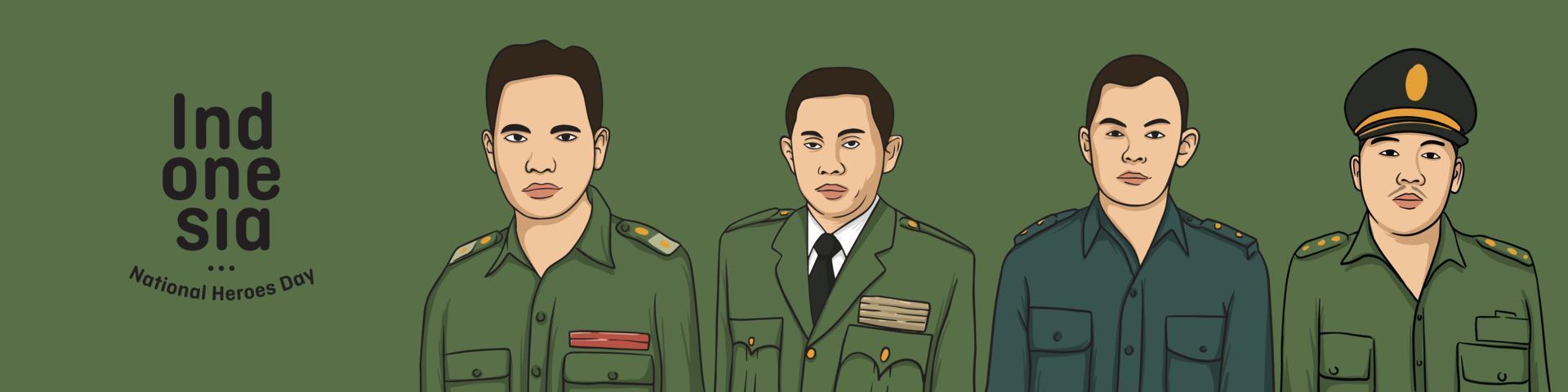 Indonesian heroes day background with isolated portrait illustration of revolution heroes vector