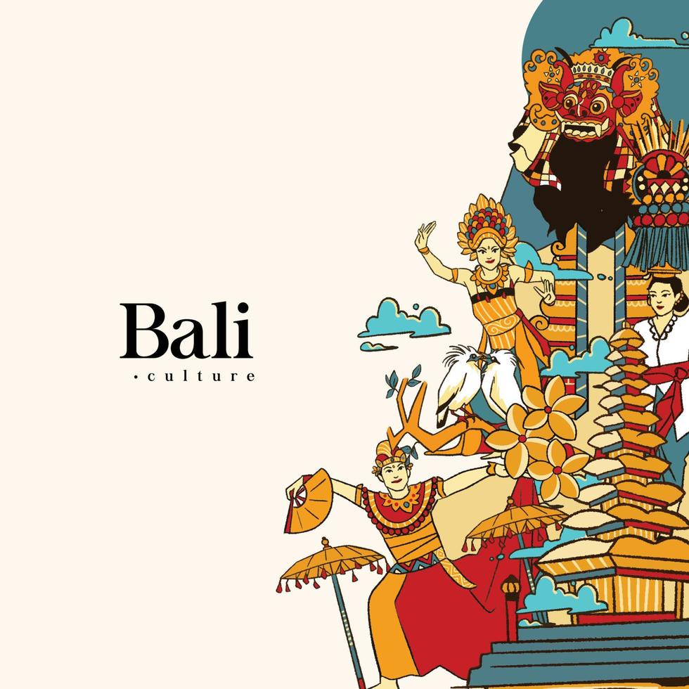Set balinese Illustration. Hand drawn Indonesian cultures background vector