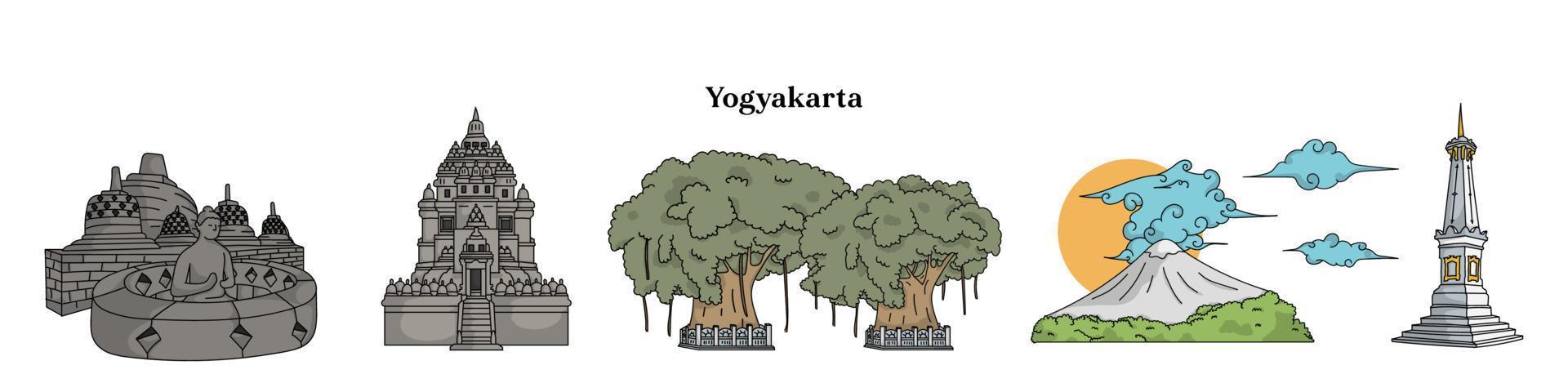 Isolated Yogyakarta Landscape template. Borobudur temple. Prambanan temple. Tugu Jogja. vector