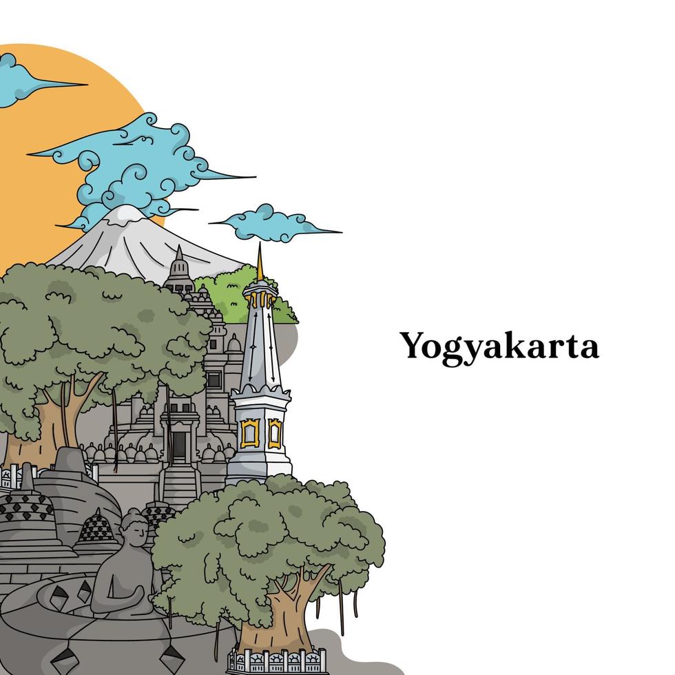 ilustración del hito de yogyakarta. ilustración indonesia dibujada a mano. templo de borobudur, templo de prambanan, tugu jogja. vector