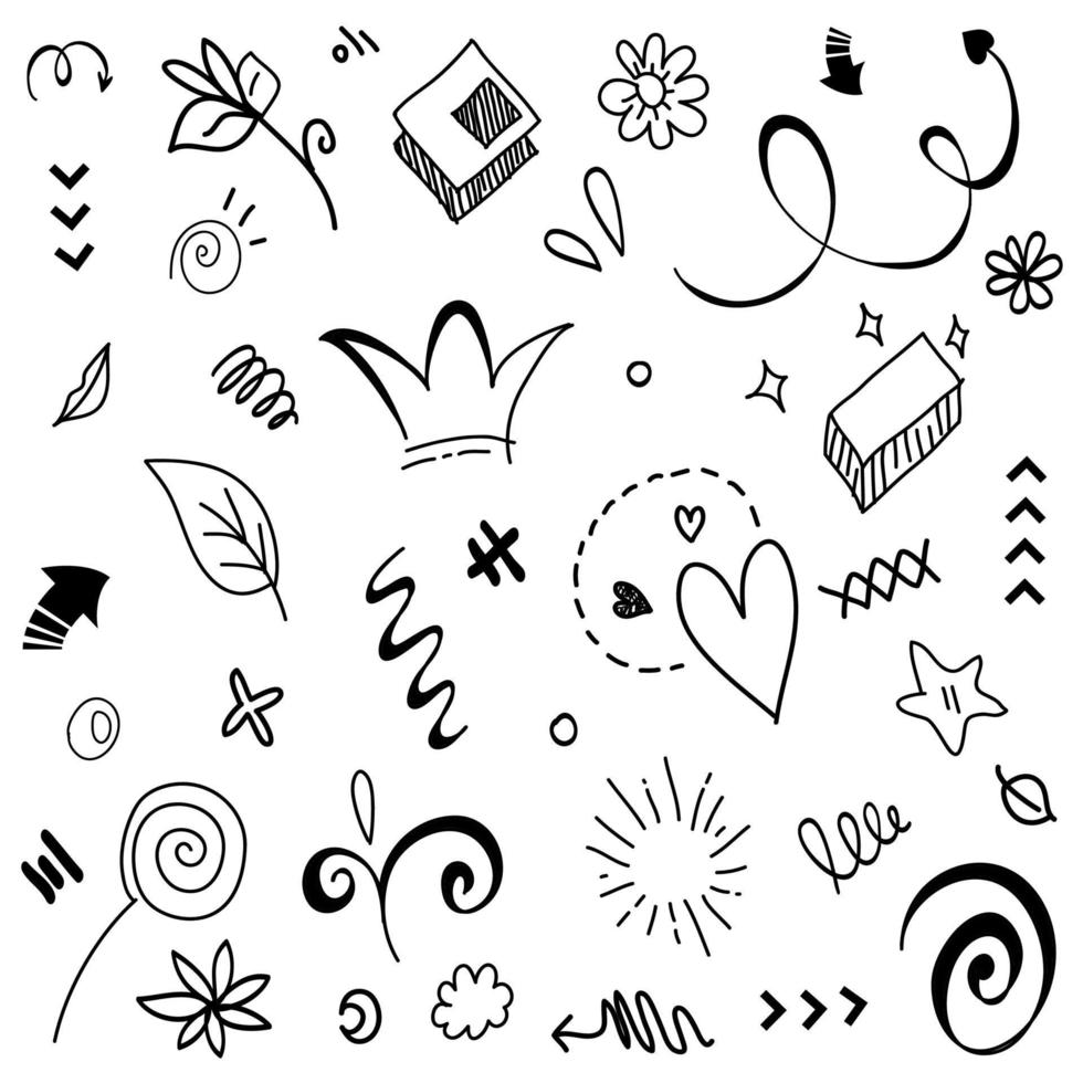 Abstract arrows, ribbons, crowns, hearts, explosions and other elements in hand drawn style for concept design. Doodle illustration. Vector template for decoration