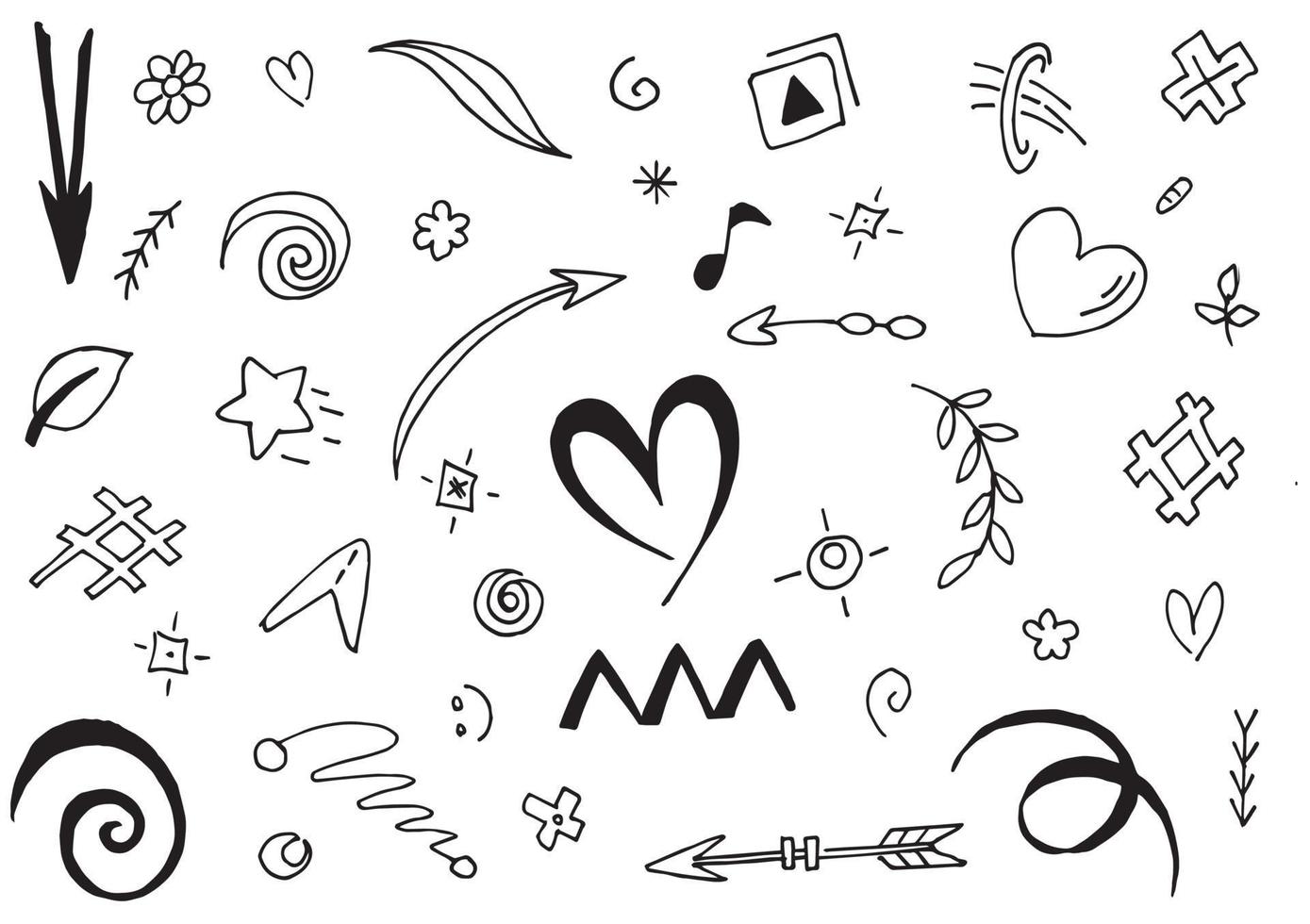 Abstract arrows, ribbons, crowns, hearts, explosions and other elements in hand drawn style for concept design. Doodle illustration. Vector template for decoration