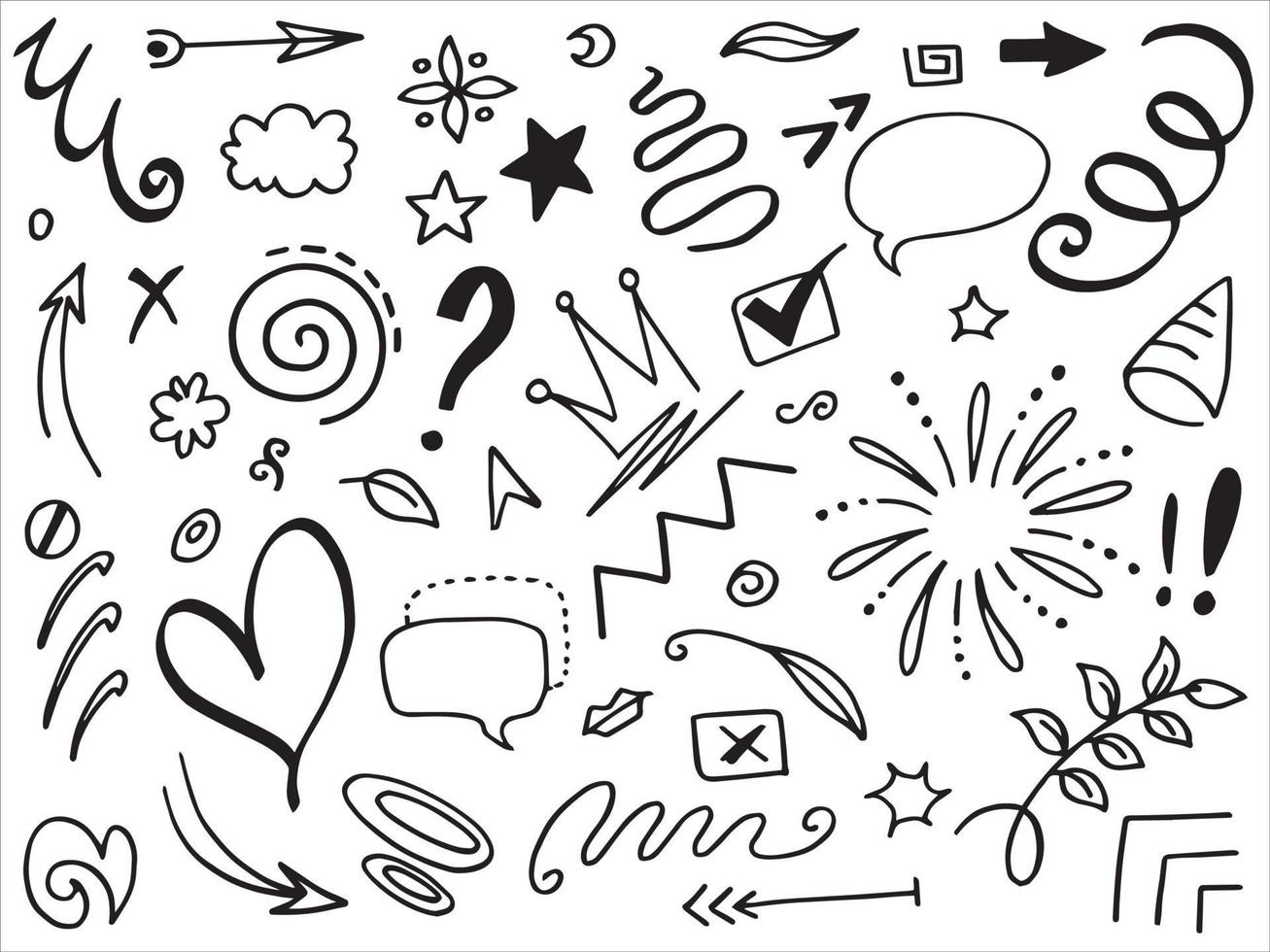 Abstract arrows, ribbons, crowns, hearts, explosions and other elements in hand drawn style for concept design. Doodle illustration. Vector template for decoration