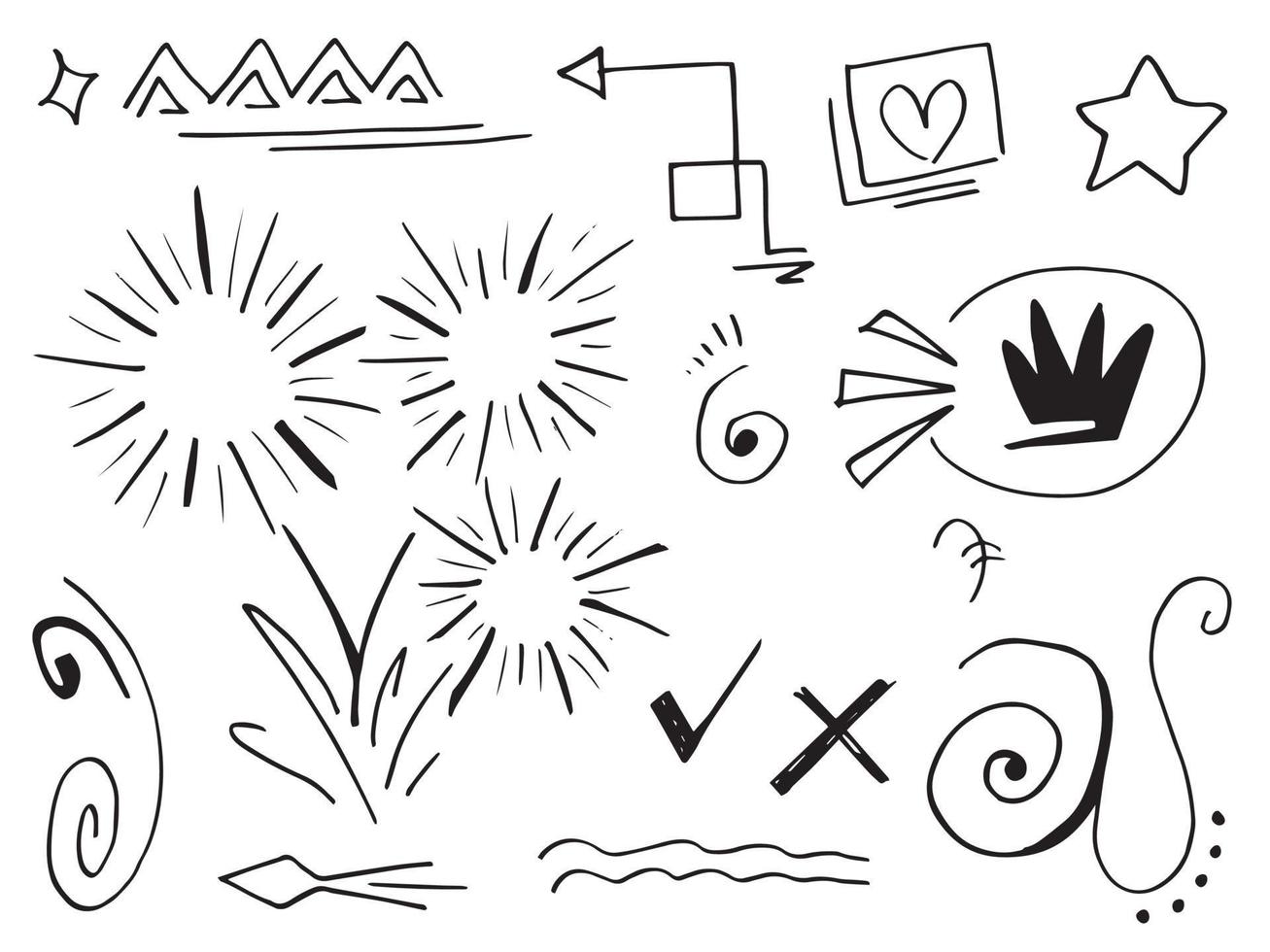 Abstract arrows, ribbons, crowns, hearts, explosions and other elements in hand drawn style for concept design. Doodle illustration. Vector template for decoration