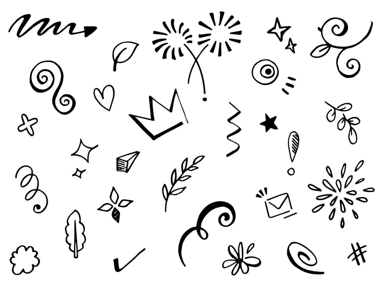 Abstract arrows, ribbons, crowns, hearts, explosions and other elements in hand drawn style for concept design. Doodle illustration. Vector template for decoration