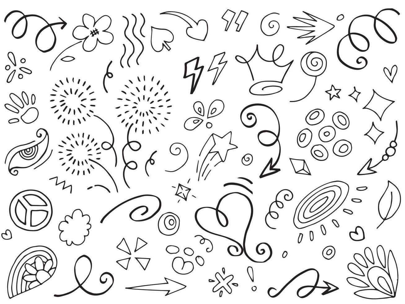 Abstract arrows, ribbons, crowns, hearts, explosions and other elements in hand drawn style for concept design. Doodle illustration. Vector template for decoration