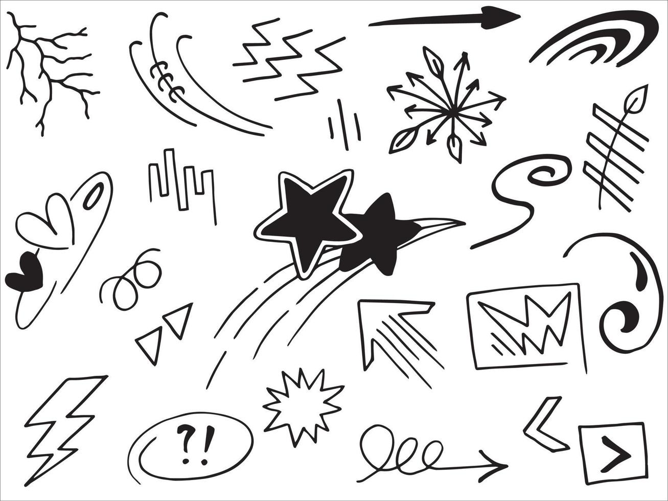 Abstract arrows, ribbons, crowns, hearts, explosions and other elements in hand drawn style for concept design. Doodle illustration. Vector template for decoration