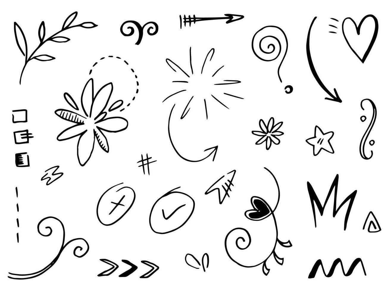 Abstract arrows, ribbons, crowns, hearts, explosions and other elements in hand drawn style for concept design. Doodle illustration. Vector template for decoration