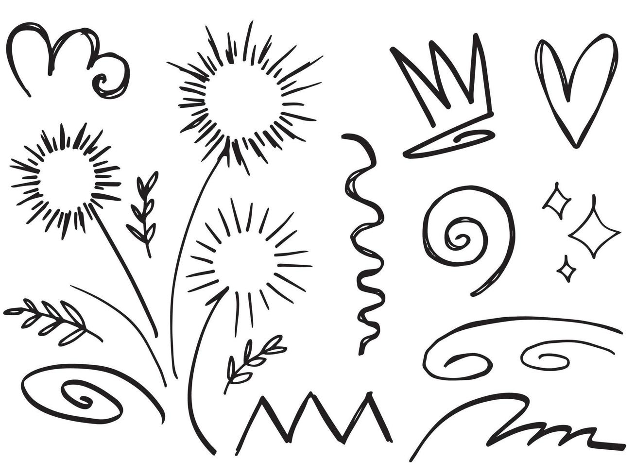 Abstract arrows, ribbons, crowns, hearts, explosions and other elements in hand drawn style for concept design. Doodle illustration. Vector template for decoration