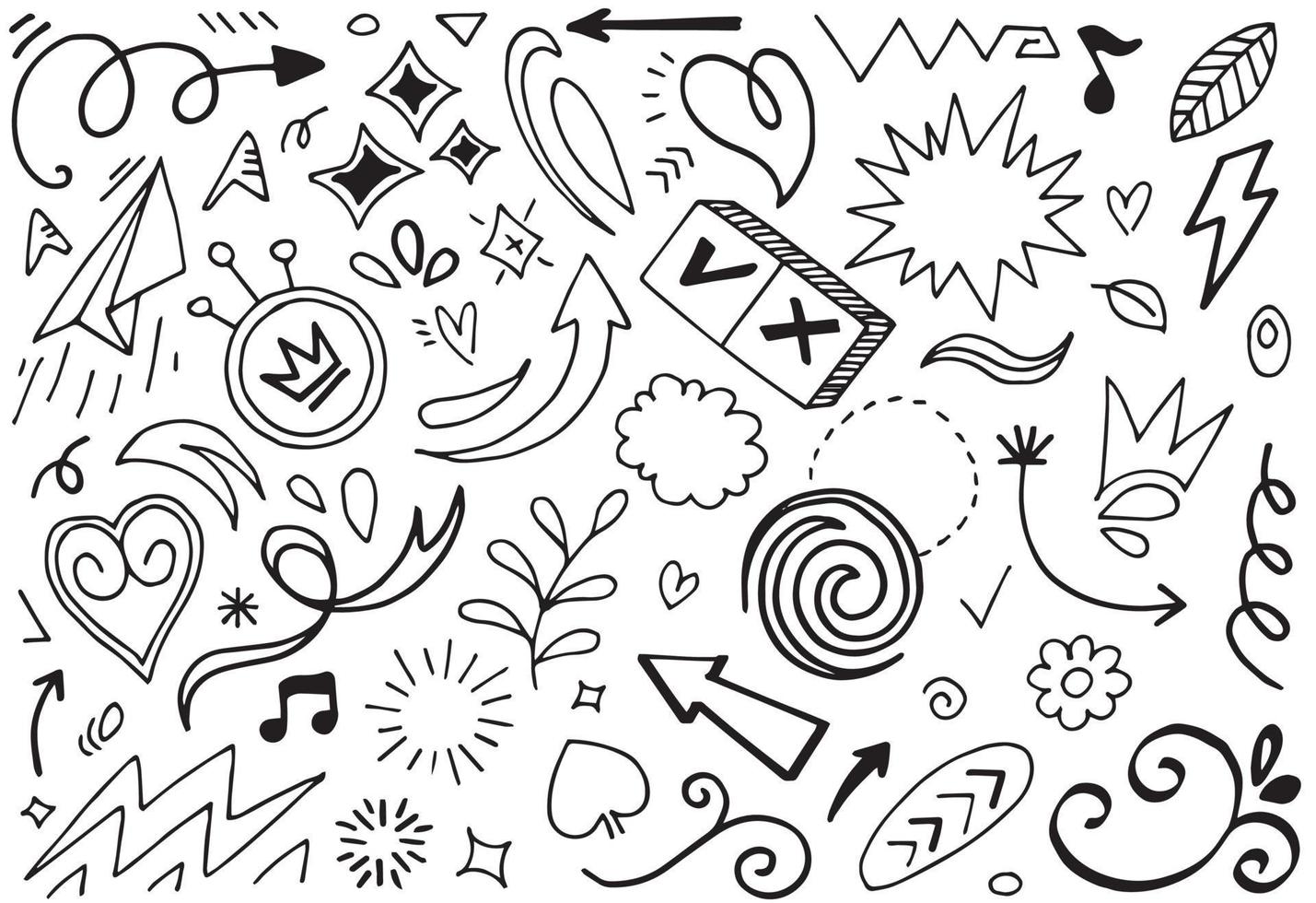 Abstract arrows, ribbons, crowns, hearts, explosions and other elements in hand drawn style for concept design. Doodle illustration. Vector template for decoration