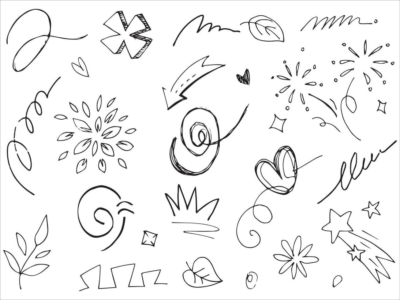 Abstract arrows, ribbons, crowns, hearts, explosions and other elements in hand drawn style for concept design. Doodle illustration. Vector template for decoration