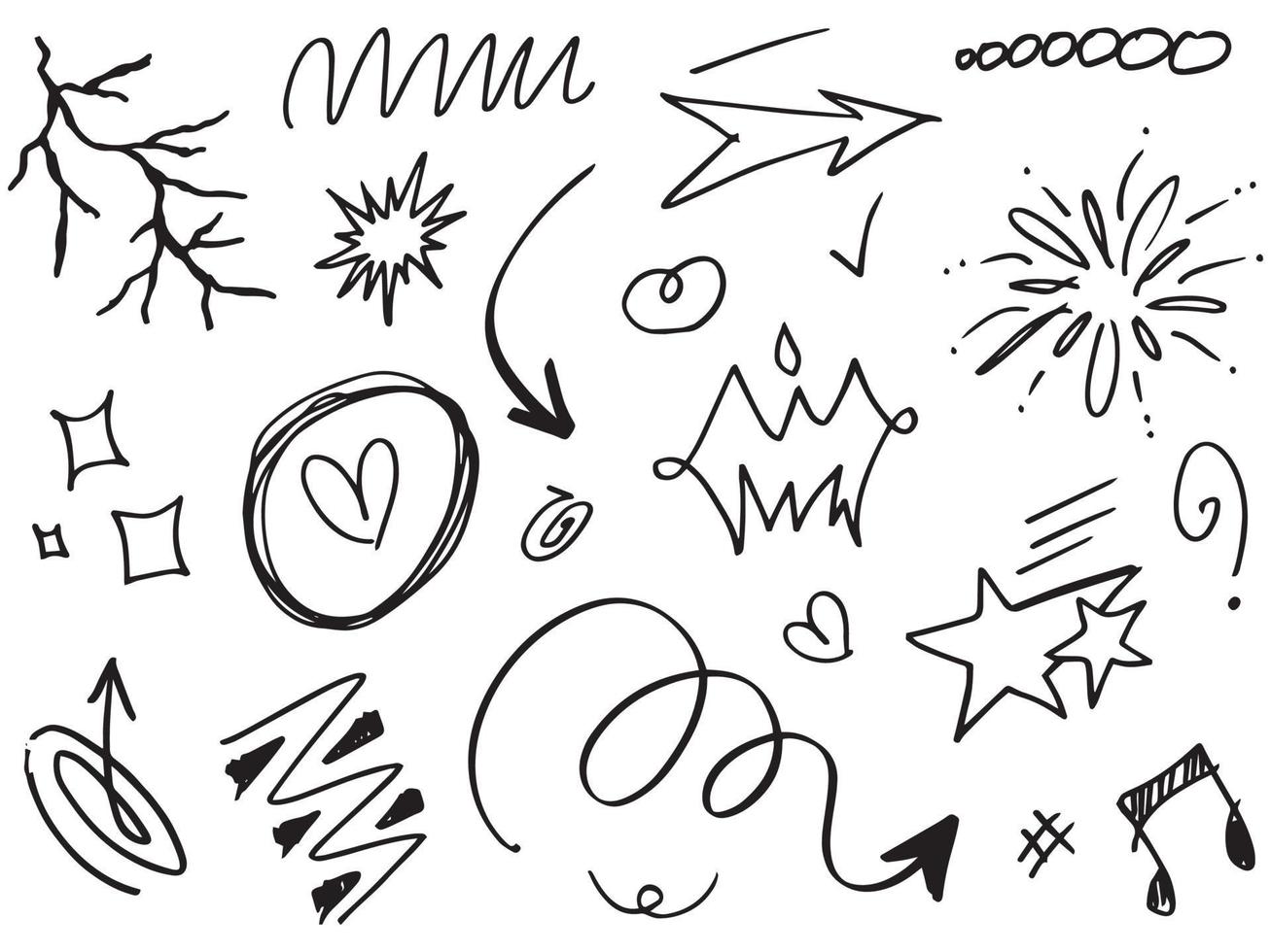 Abstract arrows, ribbons, crowns, hearts, explosions and other elements in hand drawn style for concept design. Doodle illustration. Vector template for decoration