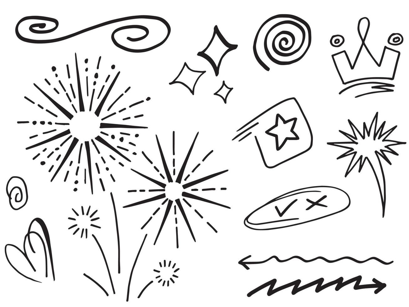 Abstract arrows, ribbons, crowns, hearts, explosions and other elements in hand drawn style for concept design. Doodle illustration. Vector template for decoration
