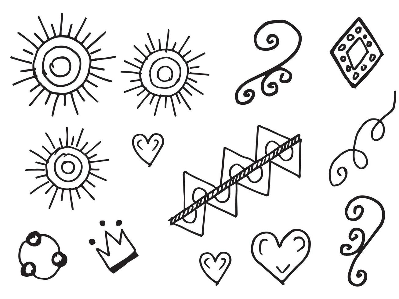 Abstract arrows, ribbons, crowns, hearts, explosions and other elements in hand drawn style for concept design. Doodle illustration. Vector template for decoration