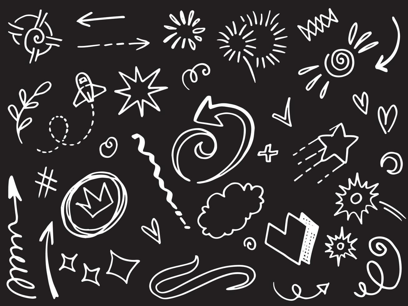Abstract arrows, ribbons, crowns, hearts, explosions and other elements in hand drawn style for concept design. Doodle illustration. Vector template for decoration