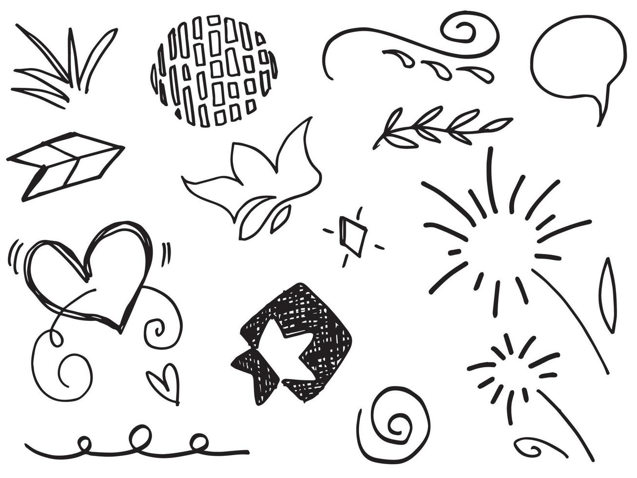 Abstract arrows, ribbons, crowns, hearts, explosions and other elements in hand drawn style for concept design. Doodle illustration. Vector template for decoration