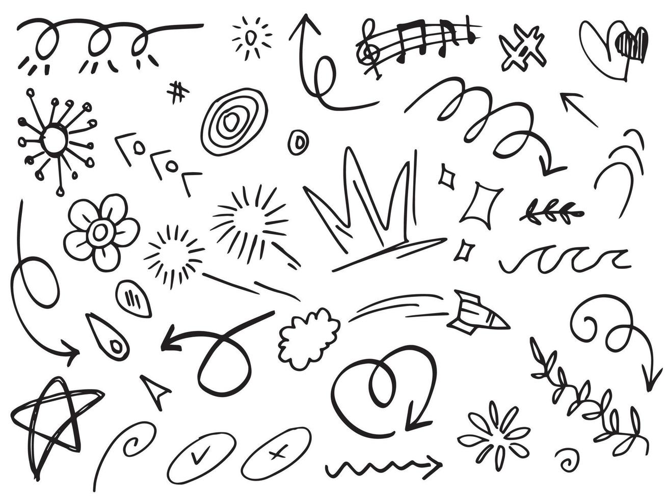 Abstract arrows, ribbons, crowns, hearts, explosions and other elements in hand drawn style for concept design. Doodle illustration. Vector template for decoration