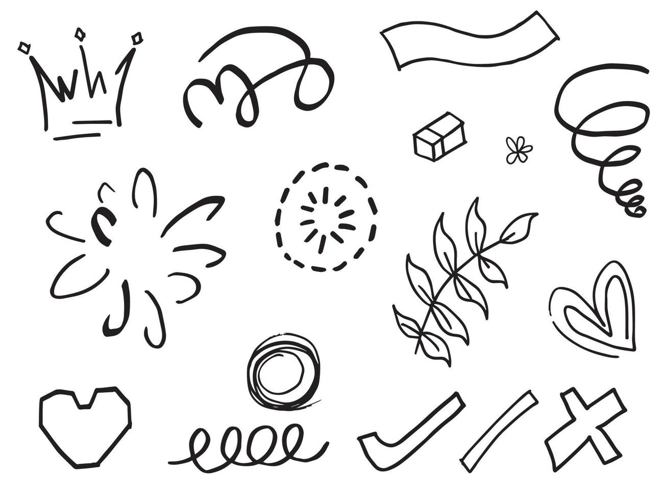 Abstract arrows, ribbons, crowns, hearts, explosions and other elements in hand drawn style for concept design. Doodle illustration. Vector template for decoration