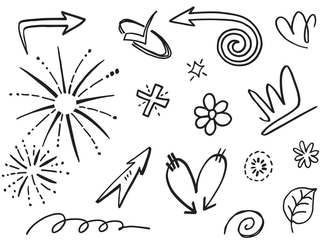 Abstract arrows, ribbons, crowns, hearts, explosions and other elements in hand drawn style for concept design. Doodle illustration. Vector template for decoration