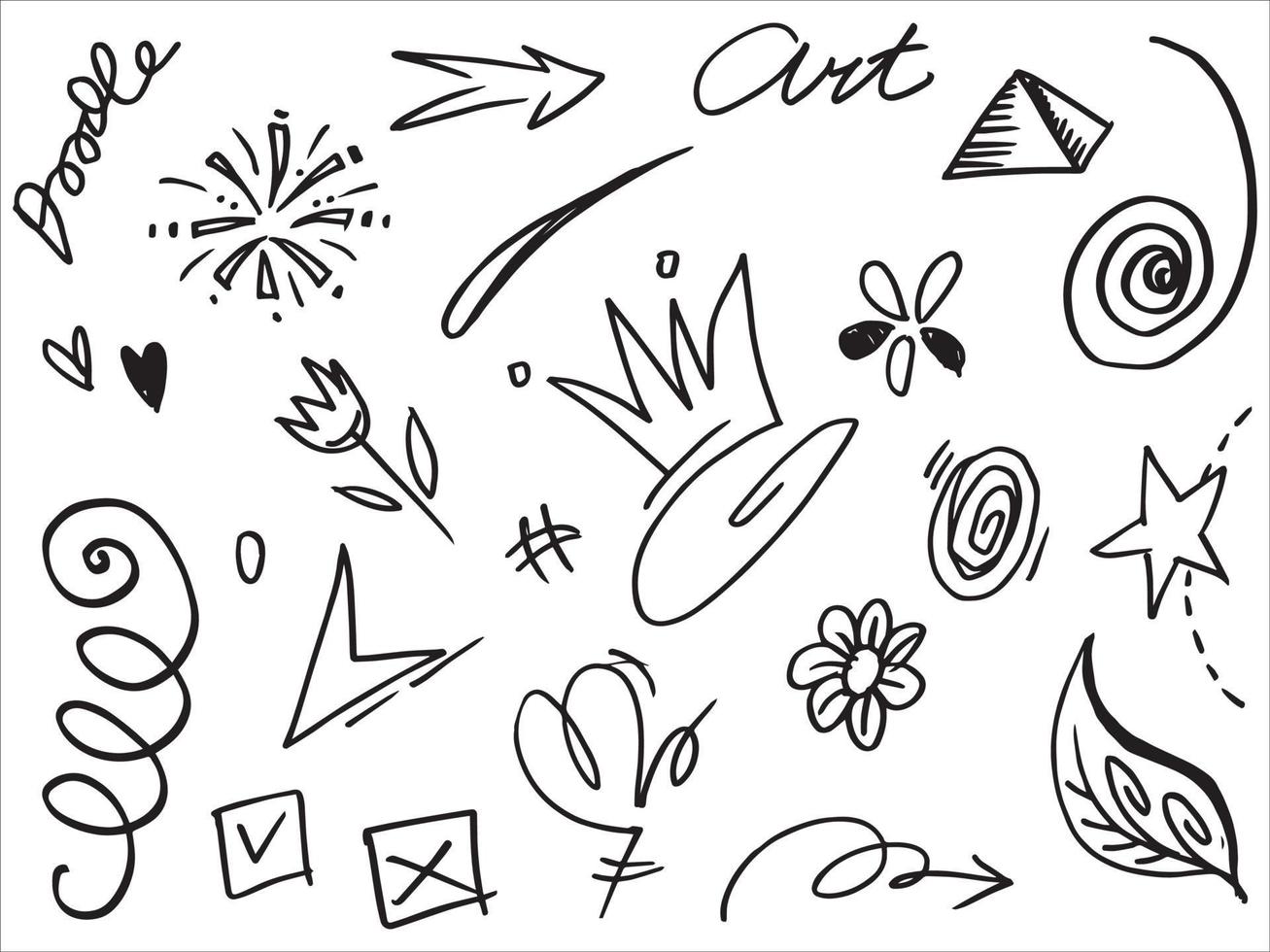 Abstract arrows, ribbons, crowns, hearts, explosions and other elements in hand drawn style for concept design. Doodle illustration. Vector template for decoration