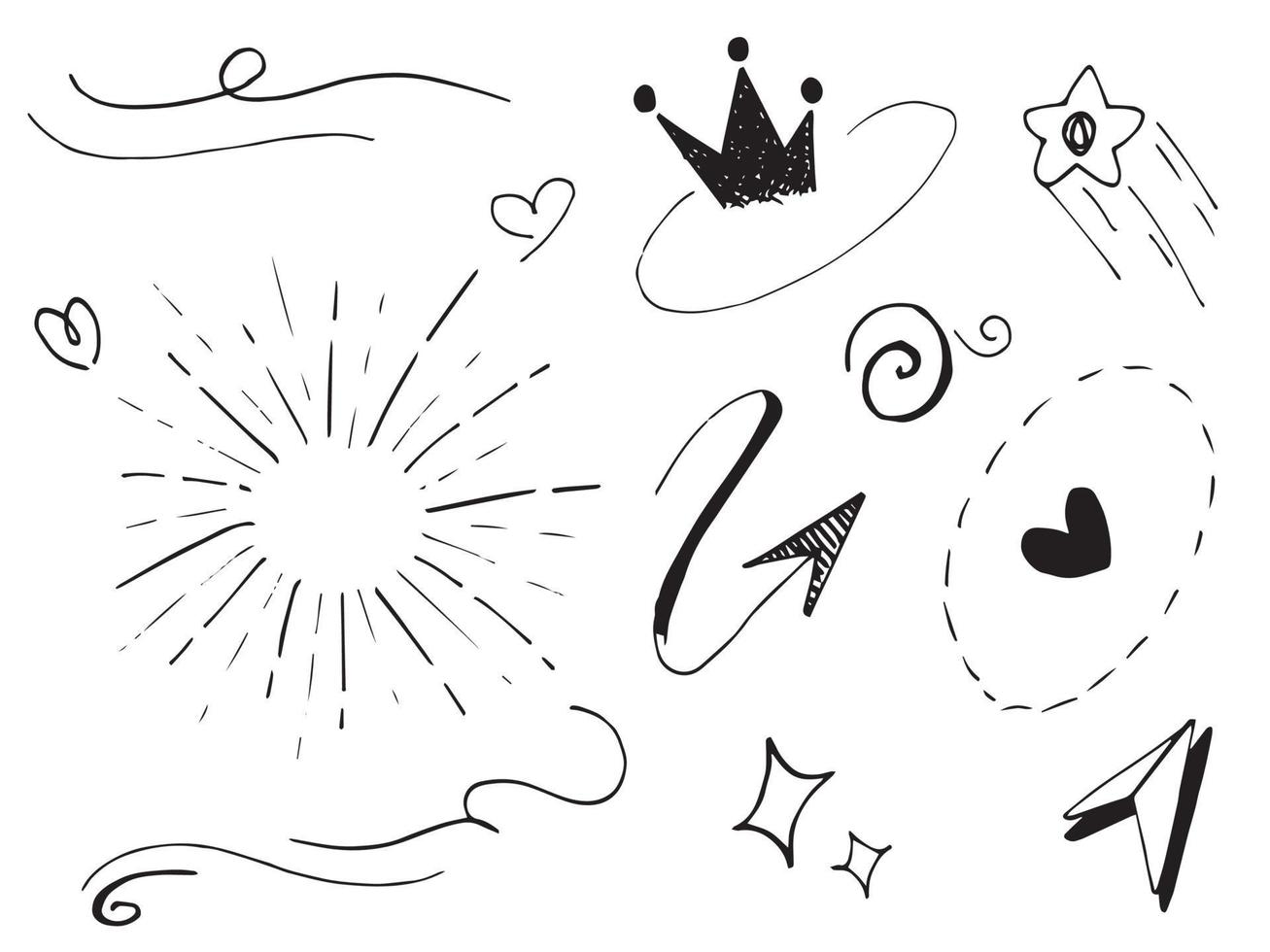 Abstract arrows, ribbons, crowns, hearts, explosions and other elements in hand drawn style for concept design. Doodle illustration. Vector template for decoration
